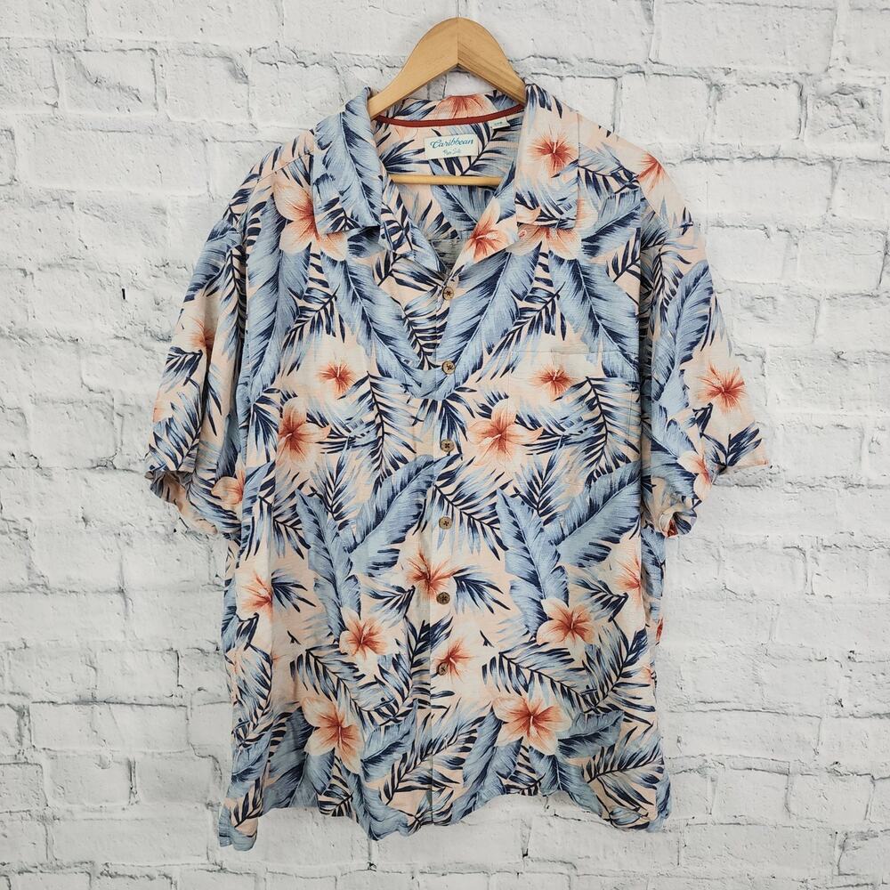 Caribbean pure silk button down Shirt Sz 2XB hawaiian short sleeve A22
